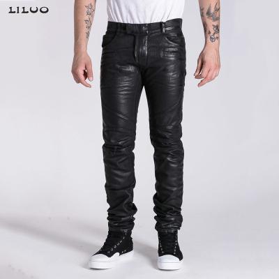 China Liluo Breathable Wholesale Stocked Men's Black Waxed Slim Fit Stacked Denim Jean Pants For Men for sale