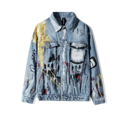 China Whole Good Quality Cotton Woven Plus Size LILUO 2022 Distress Destroy To Wash Pain Print Color Pattern Print Denim Men Jackets for sale