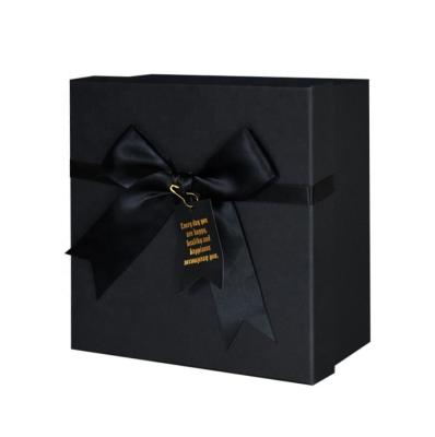 China Handmade Multi Sizes Rigid Cardboard Luxury Black Gift Box With Ribbon for sale