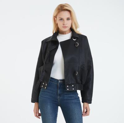 China Motorcycle Waterproof High Quality Faux Short Circle Metal Ladies Leather Jacket for sale