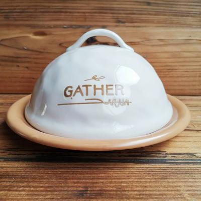 China Disposable European Ceramic Butter Dish Cake Cheese Dish With Cover Stoneware Kitchen Dish for sale