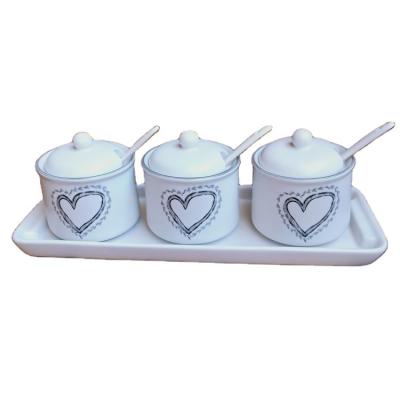 China Matt White Ceramic Spice Set Cover Sugar Salt Jar with Tray and Spoon for sale