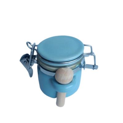 China Viable Wholesale Blue Ceramic Mini Airtight Stoneware Kitchen Jam Salt Seal Storage Stainless Steel Jars Jars Canister for sale