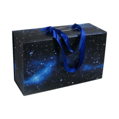 China Recyclable Custom Luxury Royal Navy Blue Amazon Branded Box Two Ribbon Handle Elegant Folding Magnet Apparel Boxes for sale