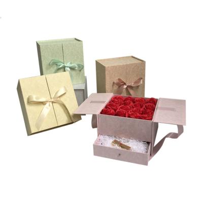 China New Recyclable Square Single Flower Gift Box Item Double Drawer Open Flower Box With Hand Gift Box for sale