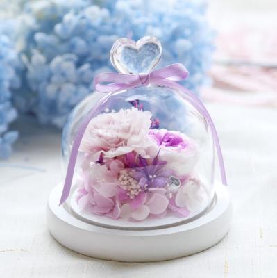 China Wedding / Home Decoration Valentine's Day Heart Preserved Flower Glass Cover Carnation Preserved Flower Glass Dome for sale