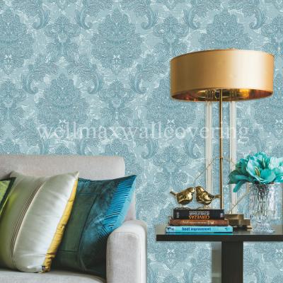 China Seamless Breathing Damask Vinyl Fabric Wallcovering Hotel Waterproof 2.8M Width Fabric for sale