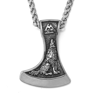 China Pagan Jewelry Viking Jewelry Stainless Steel Necklaces for Men's Norse Necklaces Pagan Viking Ax Pendant With Wolf and Valknut Jewelry for sale