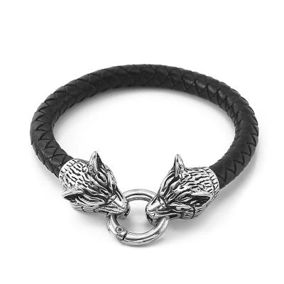 China Norse Wolf Bracelet Leather Viking Steel and Leather Bracelet Viking Bracelets For Sale Stainless Jewelry for sale