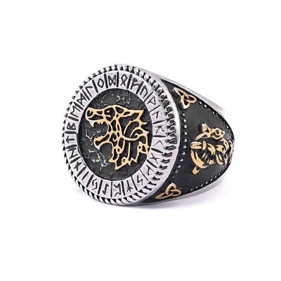 China Stainless Steel Fenrir Ring Viking Mens Ring Viking Jewelry For Wholesale Dual Color Circular Norse Jewelry for sale