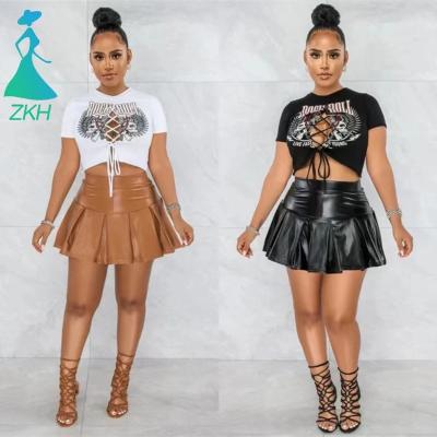 China Fashion anti-static women two piece set hollowed out ties navel cropped shorts sleeved leather PU skirt suit women sets 2022 news for sale