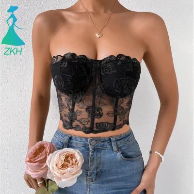 China QUICK DRY Sexy Women's Floral Lace Corset Streetwear Y2k Strapless Sleeveless Crop Tube Top for sale