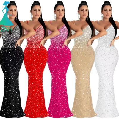 China OS6561 Anti-wrinkle New Arrival Fashion Rhinestone Beaded Spaghetti Strap Slim Fit Dress Long Sleeveless Club Party Dress for sale