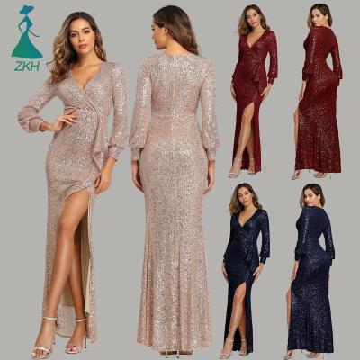 China Luxury Good Quality Elegant Women Dress Dresses Anti-Wrinkle Sequin Evening Dress Sheath Long V Neck Slit Mermaid Pom Dresses for sale