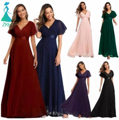 China High Quality Anti-Wrinkle Hand Folded Bridesmaid Dresses Big Swing Sleeve Flare V Neck Elegant Chiffon Dress 2022 Evening Dresses for sale