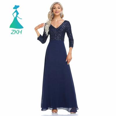 China Anti-wrinkle Women High Quality Chiffon Sequin Dress V-Neck 3/4 Sleeve Splice A Line Bridesmaid Dresses Formal Luxury Even Dress for sale