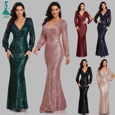 China Women Breathable Ladies Elegant Prom Dresses Party Sequin Long Sleeved Evening Dress Fishtail Mother Of The Bride Wedding Casual Dress for sale