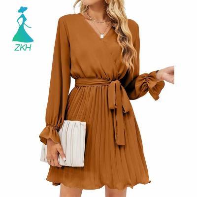 China Anti-Wrinkle Women's Fashion Dress Elegant Long Sleeve Dress Casual V-Neckline Pleated Mini Dress With Belt for sale