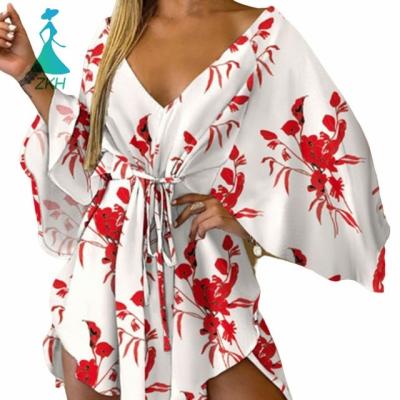 China Casual Irregular V-Neck Beach Dress Batwing Wing Sleeve Dry Cleaning Leaf Printing Formal Dress Women Sexy Elegant Lace-up Waist Dress for sale