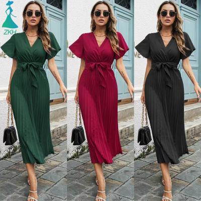 China 2022 New High Quality Anti-Static Custom V-Neckline Elegant Women Dresses Ruffled Solid Midi Ladies Casual Dresses Summer Women Clothing for sale