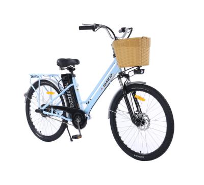 China High Quality Carbon Steel 26 Inch City Ebike 250w 36v Urban Electric Bike With Basket Woman Urban City Ebike for sale