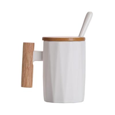 China Viable Custom Mug 11oz Matte White Black Coffee Ceramic Nordic Mug With Handle Lid Wood Spoon for sale