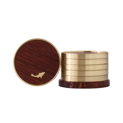 China Wholesale Custom Made Viable Logo Engrave Blank Luxury Brass Rim Round Ebony Wooden Tea Coaster for sale