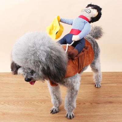 China Viable Fashion Funny Pet Cosplay Clothes Doll Cowboy Knight Dog Riding Suit With Hat/Purse Maker for sale