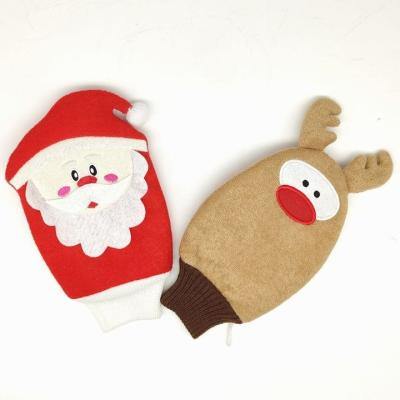 China EXFOLIATING Santa and Reindeer Gloves Kids Soft Designs Washcloths Bath Glove With Bath Puff Ball for sale