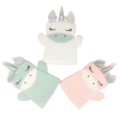 China EXFOLIATE Instant Horn Unicornl Toy Soft Scrub Shower Washing Glove Baby Bath Mitt For Kids for sale