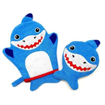 China EXFOLIATE Cute Shark Cartoon Toy Soft Scrub Baby Shower Bath Glove Sponge Set for sale