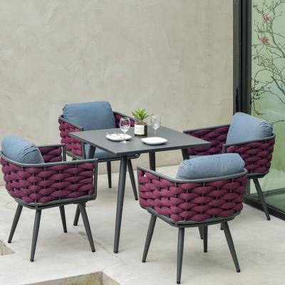 China Modern Purple Rope Rattan Aluminum Chair Around Square High Quality Square Garden Patio Long Table Furniture Outdoor Dining for sale