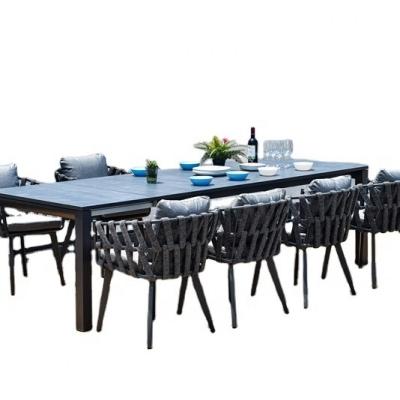 China Modern Modern Aluminum Outdoor Furniture Garden Set China Extendable Rock Set Dining Table Top Rope Wedding Rattan Chairs Gray for sale