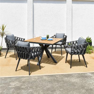 China Outdoor Furniture 1+4 2036 Color Teak Modern Aluminum Wood Rattan Chair Webbing Rope Milla Set Square Tables for sale