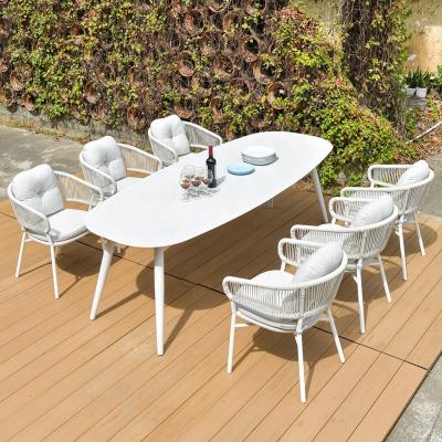 China Modern Hotel Restaurant Rock Table Top Dining Table 160cm Aluminum Rope Strap Chairs Modern Outdoor Leisure Patio Furniture Set for sale