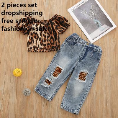 China Dropshipping Autumn Fashion Children Kids Girls Leopard Anti-pilling Clothes Set Letter 2PCS Long Sleeve Sweatshirt Tops Ripped Denim Pants for sale