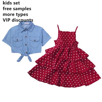 China Dropshipping 2022 Casual Baby Kids Toddler Denim Jacket Anti-pilling Polka Dot Slip Layered Dress Set Teams Dress For Girls for sale