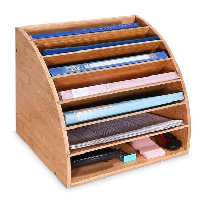 China Eco-friendly Bamboo Organizer Tray, 6 Slots Desktop Paper Sorter, Large Document Storage Desktop File Holder for sale