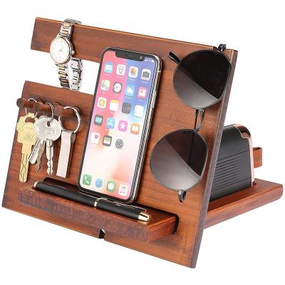 China Nightstand PORTABLE Docking Station Organizer for Men Phone Wooden Docking Station Natural Pine Wood Hangs Stand Wallet Key Holder for sale