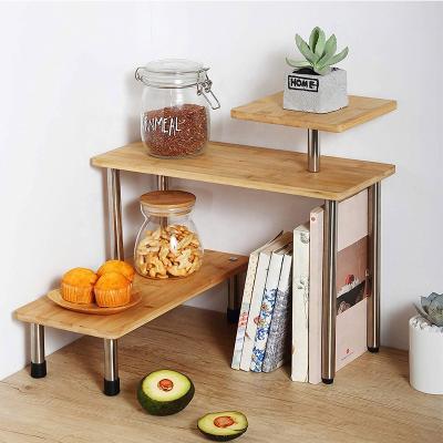 China Eco-friendly 3 Tier Corner Shelf Bamboo and Metal Storage Spice Desk Rack Shelf Display Stand Space Saving Organizer for sale