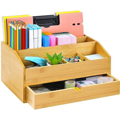 China Eco-friendly Bamboo Wooden Desk Organizer with Drawer, Multifunctional File Desk Organizer with Pen Holder for sale