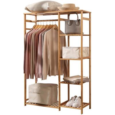 China Eco-friendly Hanger Bamboo Clothing Rack 6 Tier Storage Shelves Clothes Hanger Wooden Rack Bamboo Garment Hanger Rack for sale