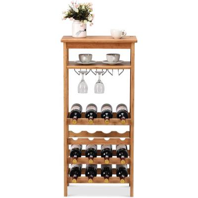 China Foldable 16-Bottle Wine Rack, Free Standing Wine Storage Shelves, Bamboo Wine Display Rack With Glass Rack for sale