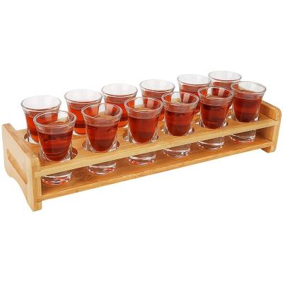 China Viable Shot Glass Holder Set, 12 Thick Base Crystal Clear Shot Glasses, Bamboo Wooden Pulled Holder/Tray for Tequila Whiskey Vodka Cocktail for sale