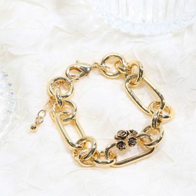 China 2022 Factory Wholesale Romantic Roses Flowers Bracelet And Ring Set Gold Plated Jewelry Bracelets For Women Gift for sale