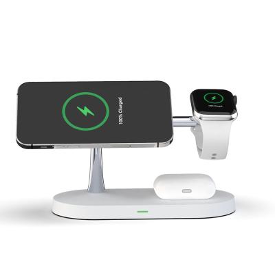 China Mobile Charging 5 in 1 White QI T268 Fast Magnet Station Charging 15W Wireless Charger For Phone 12 For iwatch Earphone With LED Light for sale