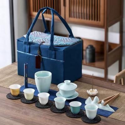 China Customized Viable Tea Art Celadon Travel with Embroidered Cloth Bag Attached Agarwood Scent and Antique Tea Ceremony Tea Set for sale