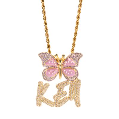 China Long Color Keeping Custom Hip Hop Brass Cubic Zircon Personalized DIY Name 26 Alphabet Enamel Butterfly Initial Letter Pendant Necklace for sale