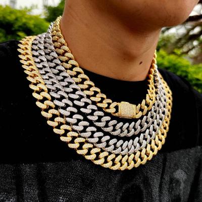 China Real Hip Hop Necklace D.C.A. CZ Curb Crystal 15mm Hiphop Men's Cuban Link Chain 14k pvd Micro Thick Brass Copper High Quality Solid Gold for sale