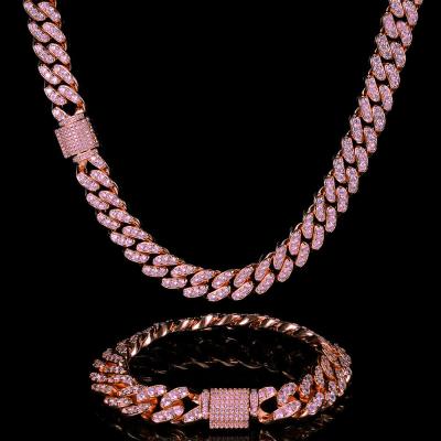 China Hiphop 18k Rose Gold White Pink Zirconia Stone Diamond Plated Women Iced Out Custom Miami Cuban Link Chain Necklace Handcuff Bracelet for sale